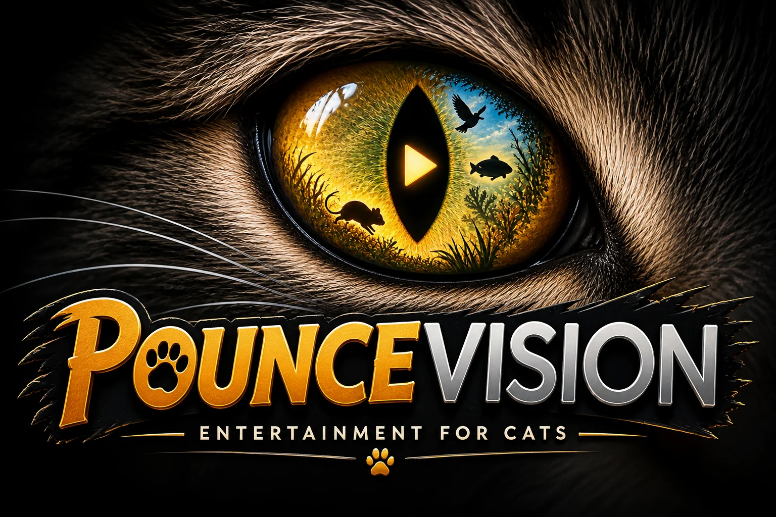 Close-up cat eye with wildlife silhouettes